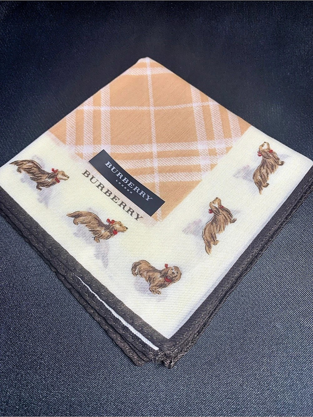 Burberry Dachshund Dog Print Check Handkerchief Plaid Mini Scarf